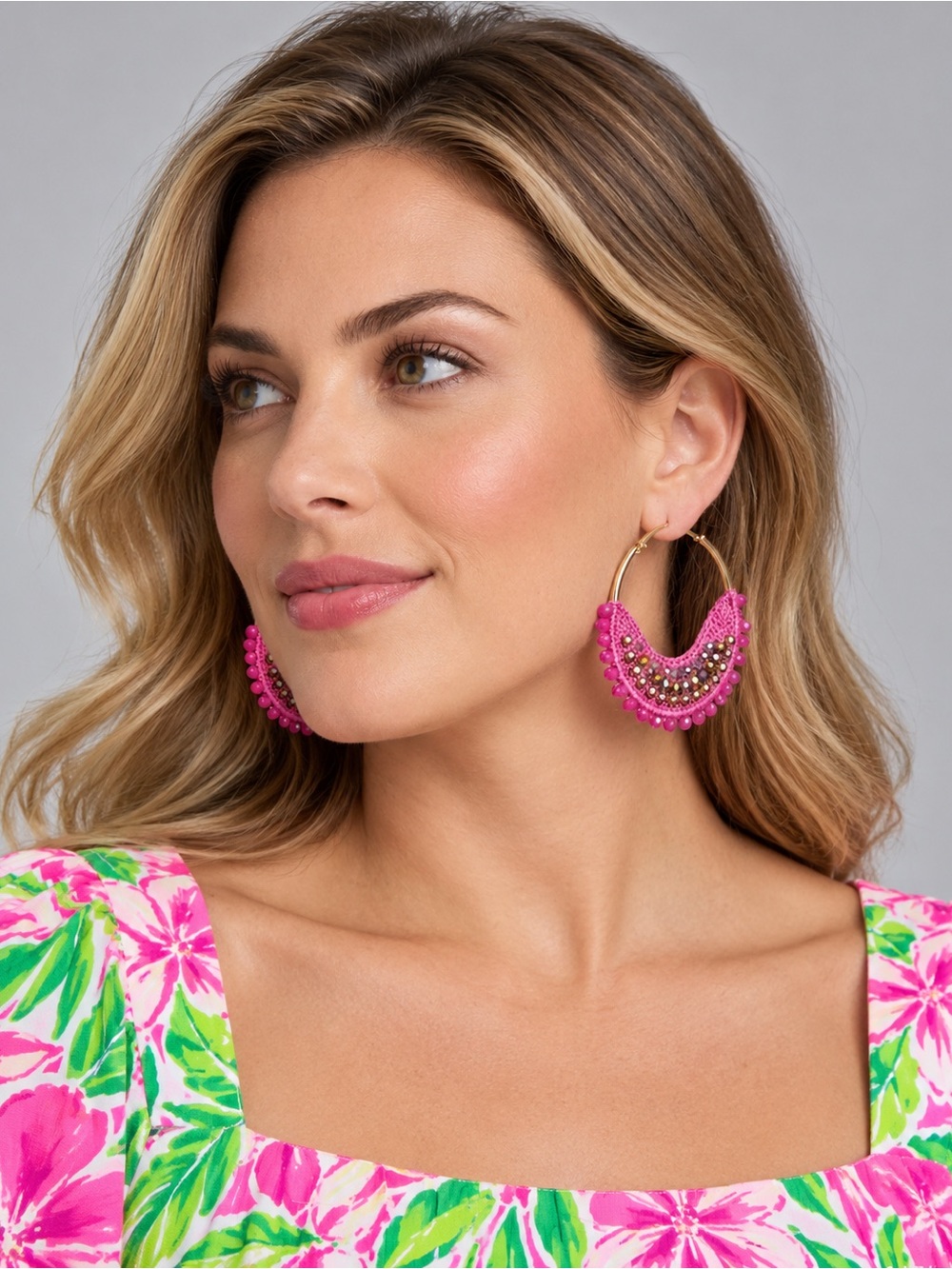 Lilly Pulitzer Pink Beaded Hoop Earrings